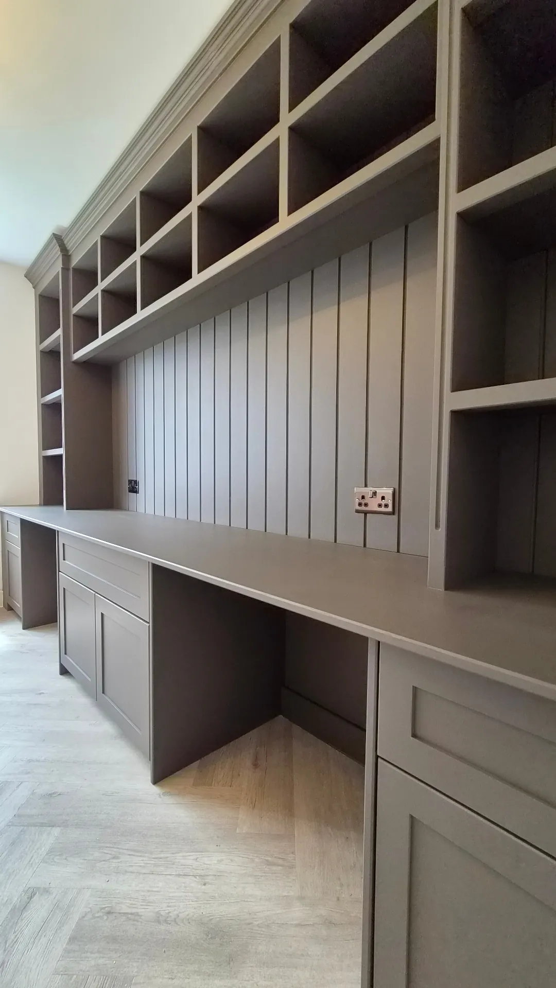 Bespoke home office cabinetry expertly painted in Little Greene Stole Intact 8 Matt finish — Market Harborough