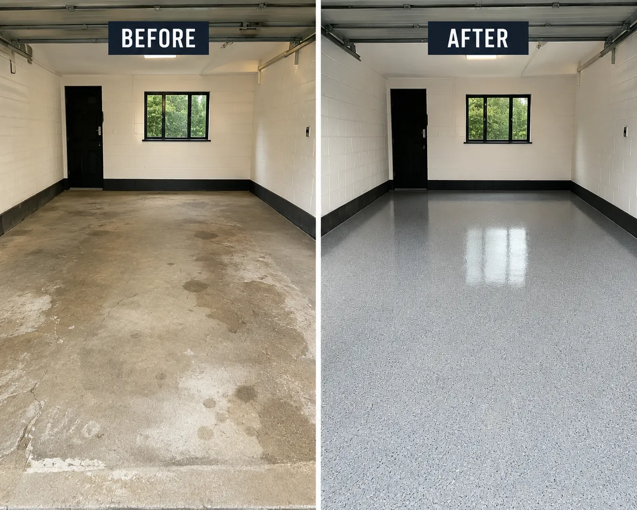 Epoxy garage floor before and after, oil-stained concrete transformed into a seamless, anti-slip garage floor coating