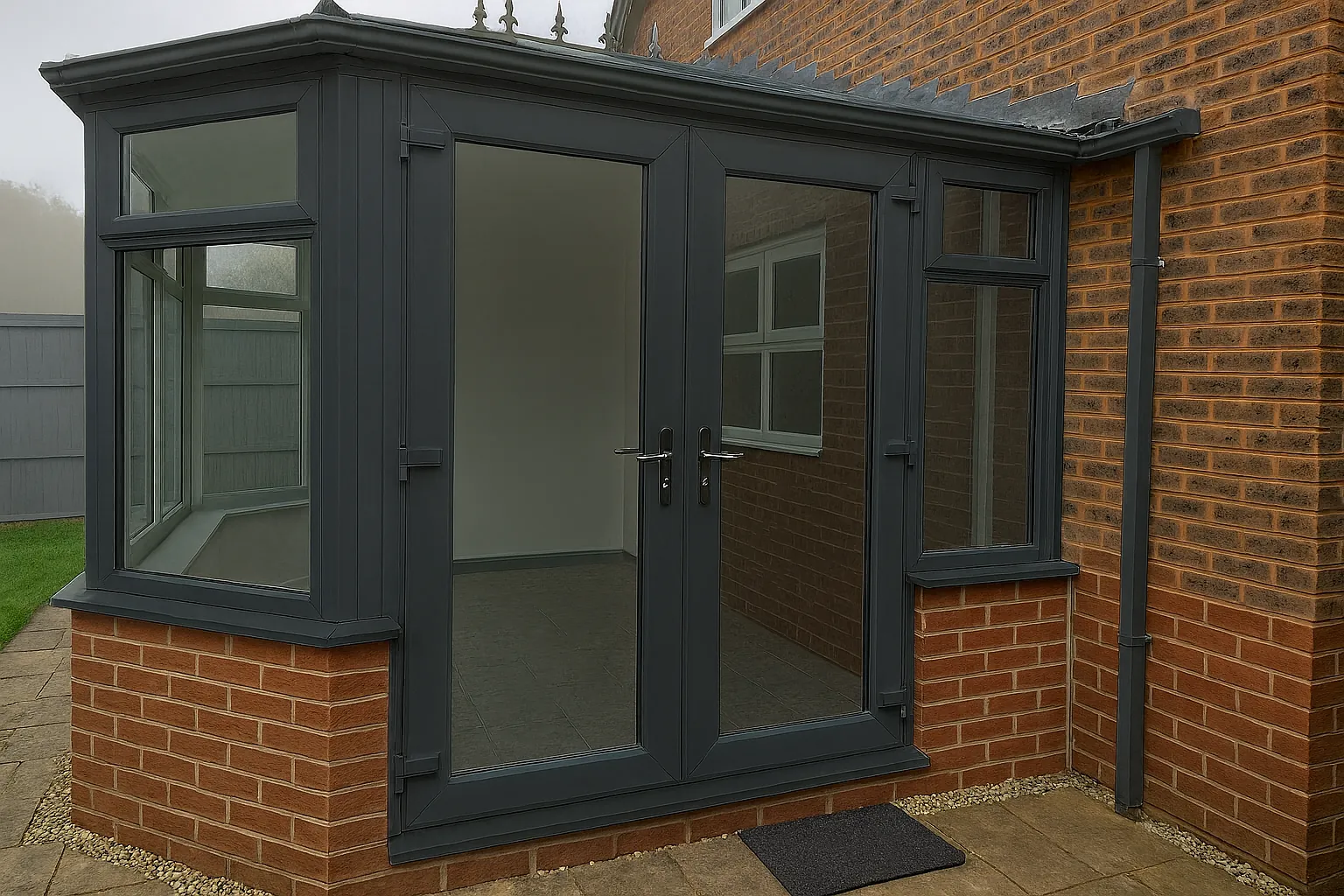 Exterior anthracite grey uPVC conservatory bi-fold doors professionally sprayed in Market Harborough