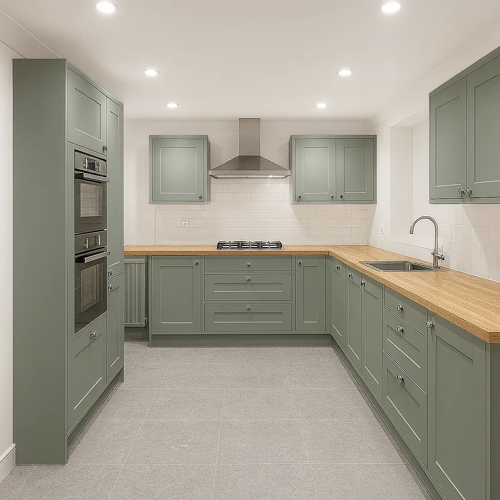 Kitchen cabinets professionally spray-painted in a modern sage green finish in Lutterworth