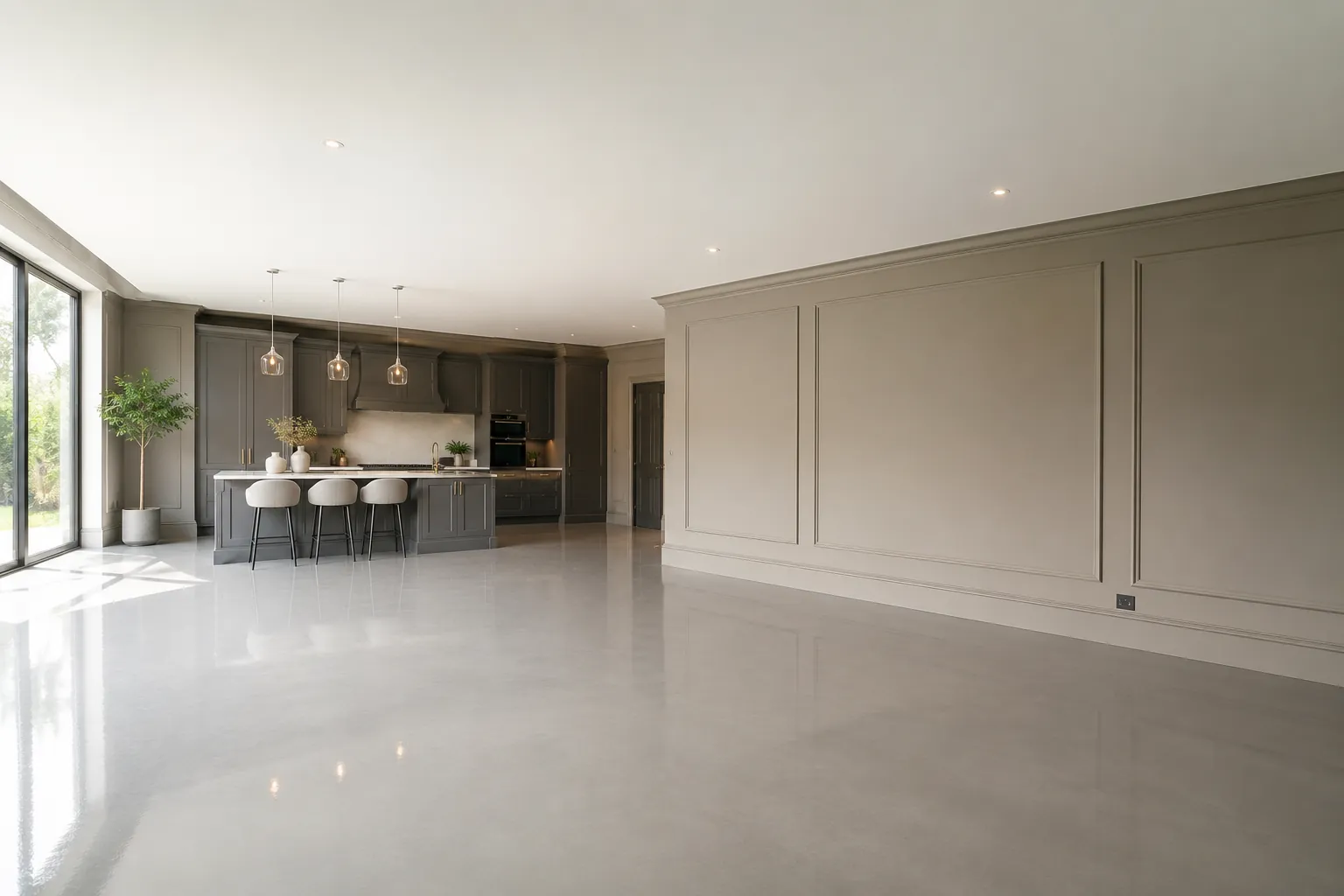 Luxury interior with polished resin floor, hand-painted grey cabinetry and full-height feature panelling in Lutterworth