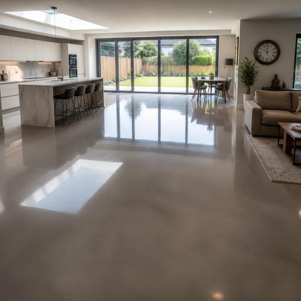 High-gloss poured epoxy resin floor installed in a Leicestershire garage and workshop space