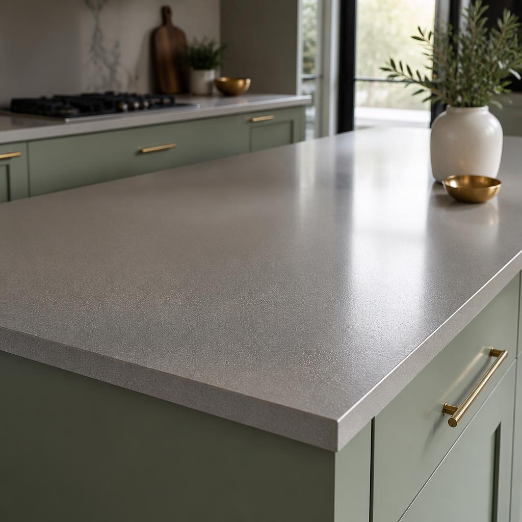 Seamless epoxy resin worktop, warm grey with subtle metallic flake